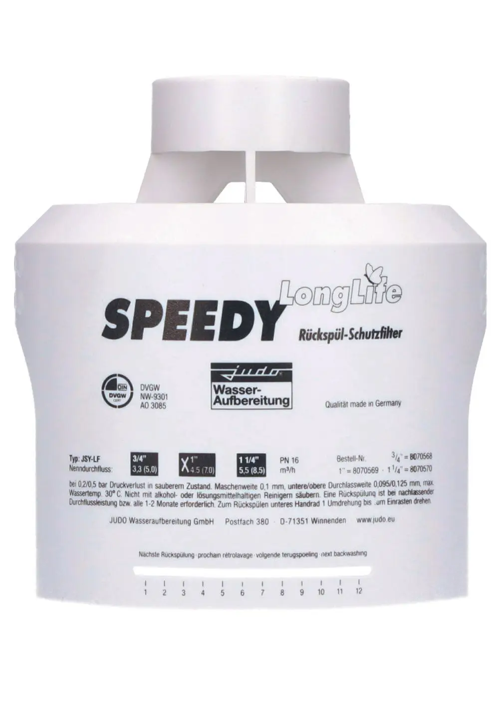 Weißer Flansch für einen Rückspülfilter von Judo. Das Produkt ist dafür vorgesehen, Wasseraufbereitungsanlagen zu ergänzen.